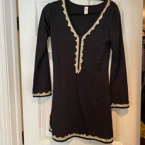 Black dress with gold lace trim